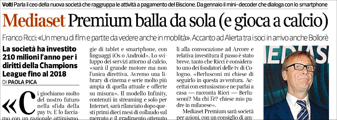 Mediaset Premium, il nuovo Ceo Ricci: ''Abbiamo numeri per farcela''